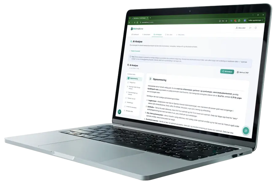 Mockup av BioInnsikt AI-helseanalyse rapport – klikk for å se nærmere